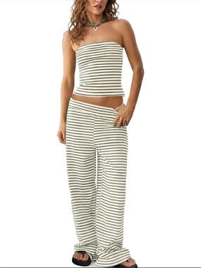 Striped Tube Top and Wide-Leg Pants Set - White & Gray